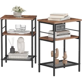 Waissdea 3-Tier Side Table, Set of 2 Nightstands, End Tables with Vinyl Record Storage, Modern Wood Grain Finish with Metal Frame End Tables for Living Room, Bedroom and Office WST003BK02