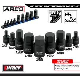 ARES 70497-9-Piece Metric Impact Hex Driver Set - Chrome Moly Steel Construction and Manganese Phosphate Coating - Includes Storage Rail - Low Profile and Designed for Impact Use