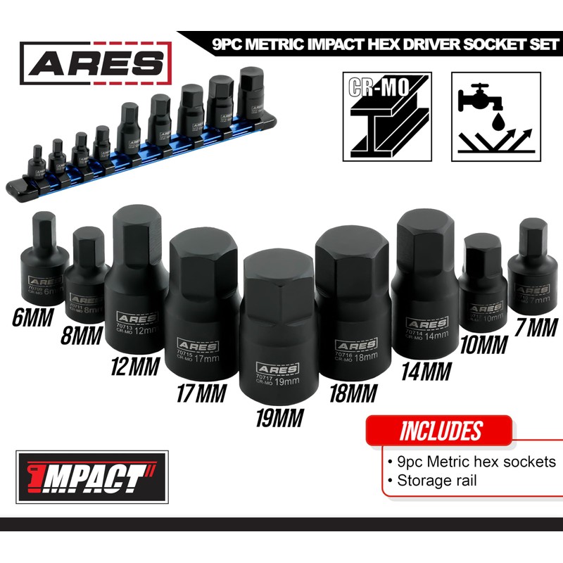 ARES 70497-9-Piece Metric Impact Hex Driver Set - Chrome Moly