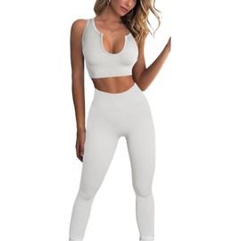 JN JANPRINT Seamless Yoga Workout Set 2 Piece for Women Ribbed Exercise Outfits Sports Bra High Waist Leggings Gym Clothes (White, S)