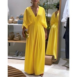 CHICME Women's V-Neck Half Sleeve Ruched Jumpsuit Casual Flowy Wide Leg Pants One Piece Jumpsuit Yellow-XL