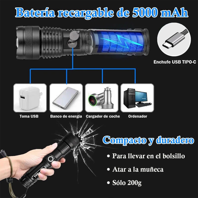Lampara Tictica 32000 Lm Bateria Extra Grande Usb Recargable Linterna