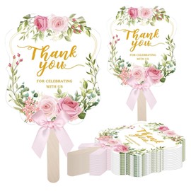 SINGOMON 20PCS Wedding Fans Paper Fans Pink Fans Floral Fans Wedding Party Favors Appreciation Gifts Hand Fans with Wooden Handle Weeding Favors for Guests Wedding Decorations Bridal Shower Decorations Garden Party Decorations