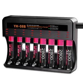 BOANV AA AAA Battery Charger, 8-Bay Smart Individual Charger USB with 4 AA and 4AAA Batteries High-Speed Charging for NiMH NiCD Rechargeable Batteries with USB Charging Cable