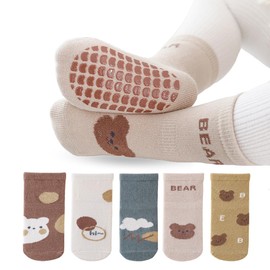 5 Pairs Baby Non Slip Grip Socks, Ultra-Soft Cotton Toddler Crew Socks for 0-12 Months/1-3/3-5 Years Old Boys Girls Kids Children Infant Anti-Slip Crawling Socks Unisex Ankle Socks for Babies Boy Girl