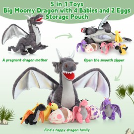 MorisMos Gray Dragon Plush Soft Toy with Babies inside, Realistic Dragons Teddy Stuffed Animal Cuddly, Kawaii Presents for Boys Kids Girls Birthday Party Decorations (55cm)