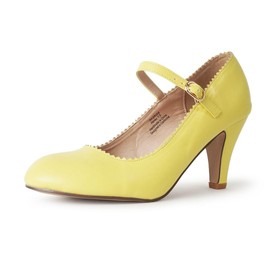 J. Adams Mary Jane Kitten Heels, Vintage Retro Scallop Round Toe Shoe with an Adjustable Strap, 5.5 B(M) US, Lemon PU