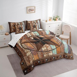 7 Pieces King Size Western Texas Star Kids Comforter Set,Vintage Wooden Plank Bedding Set,Rustic Farmhouse West Cowboy Brown Retro（Comforter+Fitted+Flat Sheet+2 Pillowcases+2 Throw Pillow Covers）