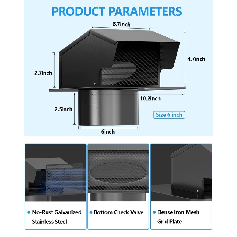 Roof Vent Removable 6'', Exhaust Vent Cap Anti-Rust Galvanized Steel