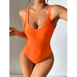 Dixperfect Women's Retro 80s/90s Inspired High Cut Low Back One Piece Swimwear Bathing Suits (XL, Bright Orange)