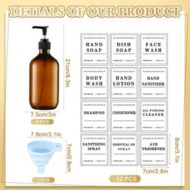 Sliner 6 Pcs Plastic Shampoo and Conditioner Dispenser Bottles 16.9 oz Shower Bottles with Pump 12 Pcs Labels and 1 Pcs Silicone Funnel Reusable Hand Soap Containers for Bathroom Shower(Amber)