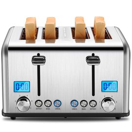 Roter Mond Countdown Stainless Steel 4 Slice Toaster with Bagel, Defrost, Cancel Function, Dual Toaster, Extra Wide Slots, 6 Shade Settings, Removable Crumb Trays, 1650W