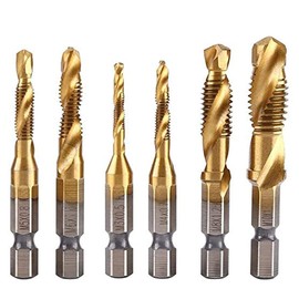 Bestgle Tap Drill Set, Hexagonal Shaft Woodworking Drill Set, 6 Piece Drill Tap, Drill Tap for Ironwork, Chamfering Tap, Drilling, Threading, Tap, Spiral, Titanium Coating, Increased Efficiency, HSS High Speed Steel Tap Drill Set, Gold, M3, M4, M5, M6, M8, M10