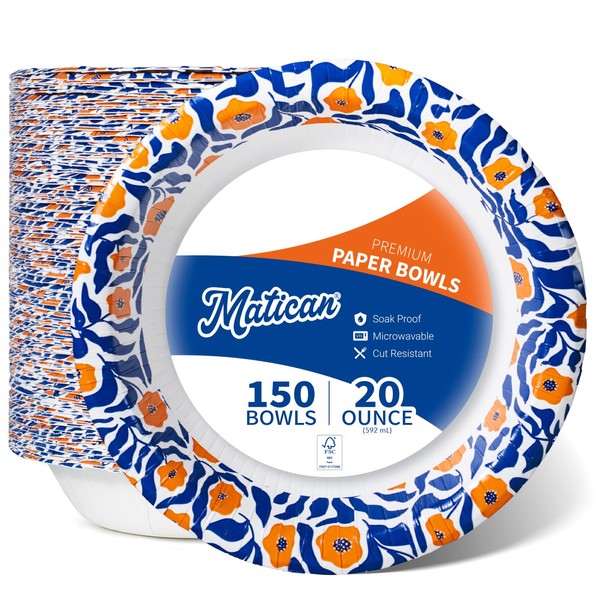 Paper Bowls 20 oz, 150-Count Disposable Bowls, Heavy Duty Soak-Proof