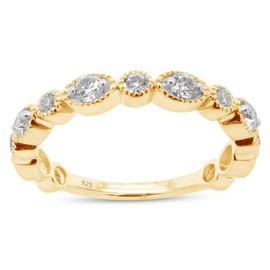 SAVEARTH DIAMONDS 1/2 cttw Round Cut Lab Created Moissanite Diamond Milgrain Half Eternity Stackable Band Ring In 14K Yellow Gold Over Sterling Silver (VVS1 Clarity, 0.50 Cttw)-6