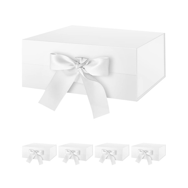 BLK&WH 5 Gift Boxes with Ribbon 9x6.5x3.8 Inches, White Magnetic Gift Boxes for Presents, Bridesmaid Proposal Boxes, Gift Boxes with Lid (Glossy White)