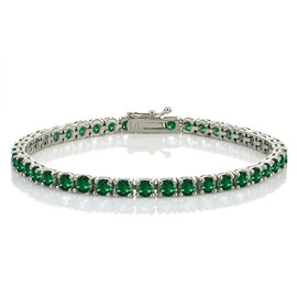 Ice Gems Sterling Silver Created Emerald 4mm Round Tennis Bracelet