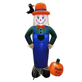 7' Air Blown Inflatable Scarecrow Standing Next to Pumpkin Thanksgiving Yard Decoration