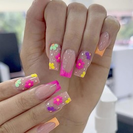 24Pcs Spring Summer Flower French Tips Press on Nails with Colorful Floral Designs Fake Nails Glossy Acrylic Nails Full Cover Artificial Nails Glue on Nails Ballerina False Nails for Women Nail Decor