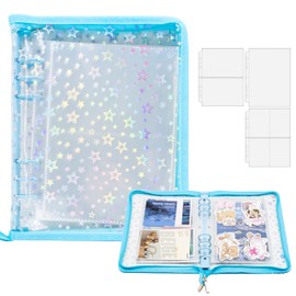 A5 Sticker Storage Binder with Zipper Closure, Reusable Sticker Organizer Album with Pockets, Perfect for Collecting, Organizing, and Displaying Stickers (Star-Blue)