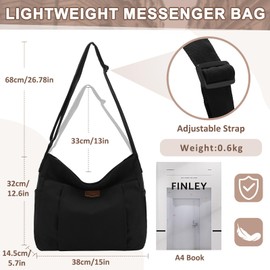 KASQO Canvas Messenger Bag,Lightweight Crossbody Hobo Bag for Women Casual Shoulder Tote Bag for Men Work Travel College Black