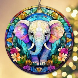 Sportyzen 2024 Christmas Ornament - Elephant in a Stained Glass Window Ceramic Ornament, Elephant Christmas Decoration, for Elephant Lovers, Family, Friends