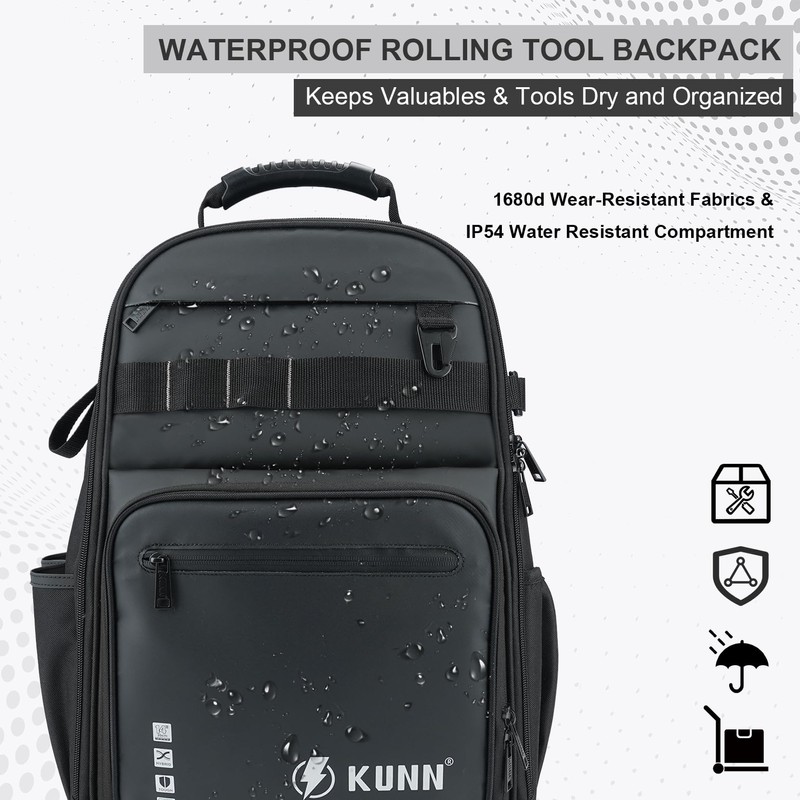 KUNN Tool Backpack with Wheels, Heavy Duty Rolling Tool Bag