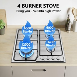 Nardea Gas Stove Top 4 Burner, 23 Inch Gas Cooktop for NG/LPG Convertible, Stainless Steel Gas Stove with Thermocouple Protection for Outdoor Kitchen, Camping, Total 27400BTU