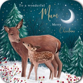 Noel Tatt Mum Christmas Card, Single - Christmas Cards 2024 with Deer and Foal Design and Special Finishes and Embellishment - Eco-Friendly Xmas Cards with Envelope