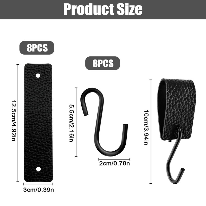 FORETOGO 8 Pcs Leather S Hooks,Multifunctional S-Hook with Leather Loop,Black