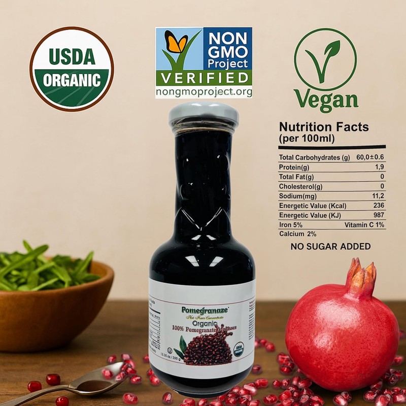 100% Organic Pomegranate Molasses 12.35 Oz Glass Bottle,(3 Pack) No