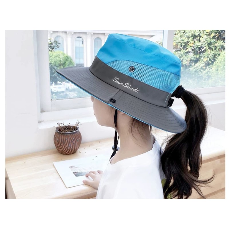 Kids Girls Ponytail Sun Hat Outdoor UV-Protection Foldable Mesh Wide-Brim