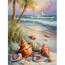 Shells and Palm Trees on Beach DIY Diamond Painting Kit for Adult Beginners, Diamond Art Paint with Diamonds, Full Diamond Dots Painting for Adults Gems Art Pictures Wall Decor 12x16inch