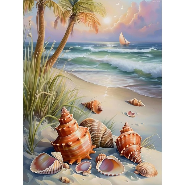 Shells and Palm Trees on Beach DIY Diamond Painting Kit