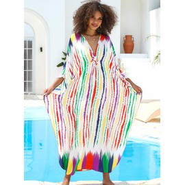 Yanziliu Kaftan Dresses Plus Size V-Neck Women's Swimwear Cover Ups Tie Dye Batwing Sleeves Mumu Caftan Dress