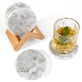 Koville Marble Coaster Set of 5, Round Coasters with Holder, 4" Cup Coasters for Drinks, Decorative Marble Drink Coaster for Coffee Table Home Office Bar Decor(Green)