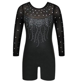 ZNYUNE One-pieceGirls Gymnastic Long Sleeve Leotards Sparkle Dancing Athletic Ballet Unitards for 3-12 Years B301 SequinBlack 150