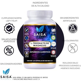 Magnesio L-Treonato 60 Cápsulas | Alta Absorción | Mejora Memoria, Sueño y Concentración | Suplemento Natural Antiestrés | Magnesio para el Cerebro | 