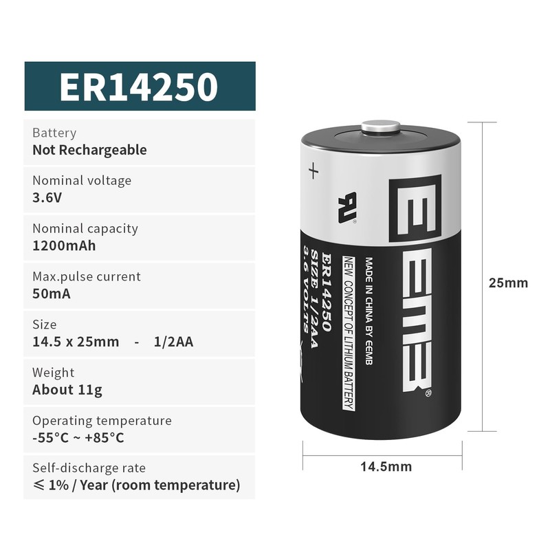 EEMB 50PACK ER14250 1/2AA 3.6V Lithium Battery 1200mAh Li-SOCL₂ Non-Rechargeable