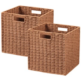 UBBCARE 2 Pack Wicker Basket, 11L×11H×10.5W inch Woven Paper Rope Storage Baskets for shelves, Foldable Cube Storage bin with Handle, Storage Basket for Organizing & Decor, Caramel