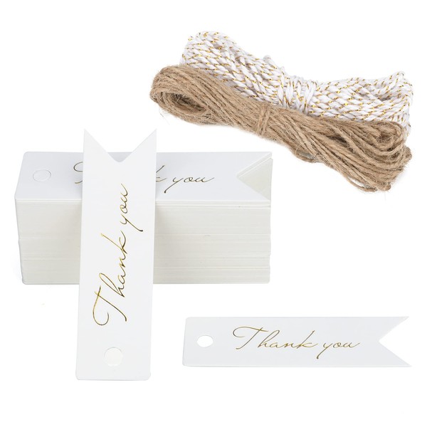 G2PLUS 100PCS White Mini Thank You Tags 7x2CM High-end Metallic Gold Small Paper Gift Tags as Wedding Favours Tags