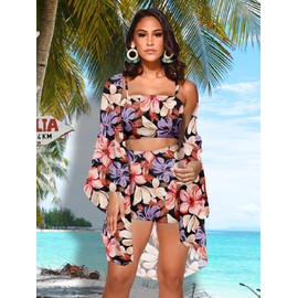 KEYUFANG Women 3 Piece Outfits Set Floral Kimono Cardigans Cover Up Off Shoulder Crop Cami Top Short Suits, Purple-flower, Small