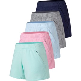 Paquete de 5: pantalones cortos de entrenamiento para mujer, estilo casual, ropa deportiva para mujer, con bolsillos con cierre, Jaspeado/Rosa/Azul/Gris/Azul Marino, Large