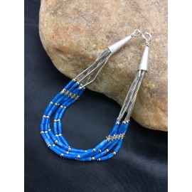 Handmade Blue Lapis Heishi 5 Strand Southwestern Liquid Sterling Silver Bracelet 7" 02935
