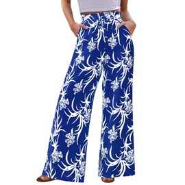 CFLONGE Palazzo Pants for Women Casual 2025 Summer High Waist Floral Wide Leg Pant Trendy Boho Trousers Fashion Beach Outfits(Blue,X-Large)