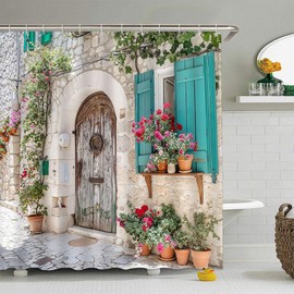 FILMILIL Italian European Shower Curtain Tuscany Architecture Greece City Town Scene Vintage Spring Floral Italy Mediterranean Green Plant Bathroom Curtain Set Polyester Fabric Hooks 70 X 70 Inch
