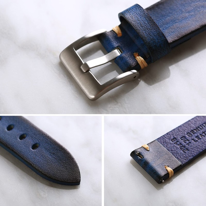 Berfine 24mm Retro Handmade Watch Band, Quick Release Vintage Leather