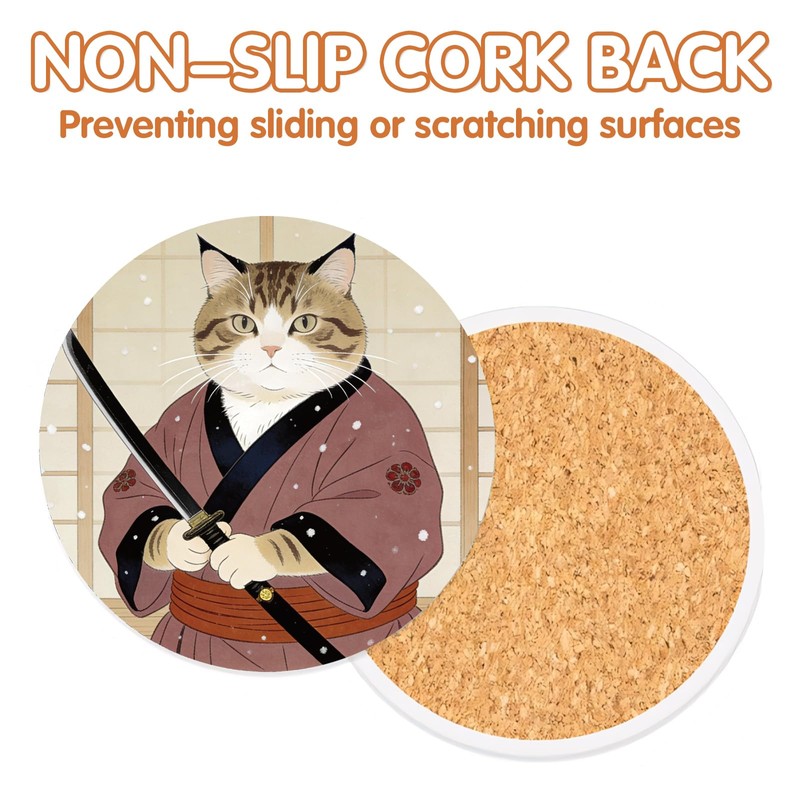 Funny Cat Coasters Set of 6, Japanese‌ Anime Cat Round