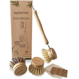 eplanita eplanita Natural Dish Brush, 3 Replacement Heads, Kitchen Eco Bamboo Scrubber Brushes, Extra Plant Sponge, Plastic Free Washing Up, Zero Waste Cleaning