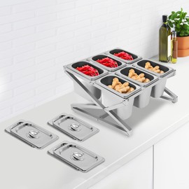 Expandable Stainless Steel Spice Rack Set, Inclined Organizer Shelf, 14" - 25.6" Adjustable Length, 6 1/9 Pans Countertop for Seasoning Ingredients Fruits Toppings